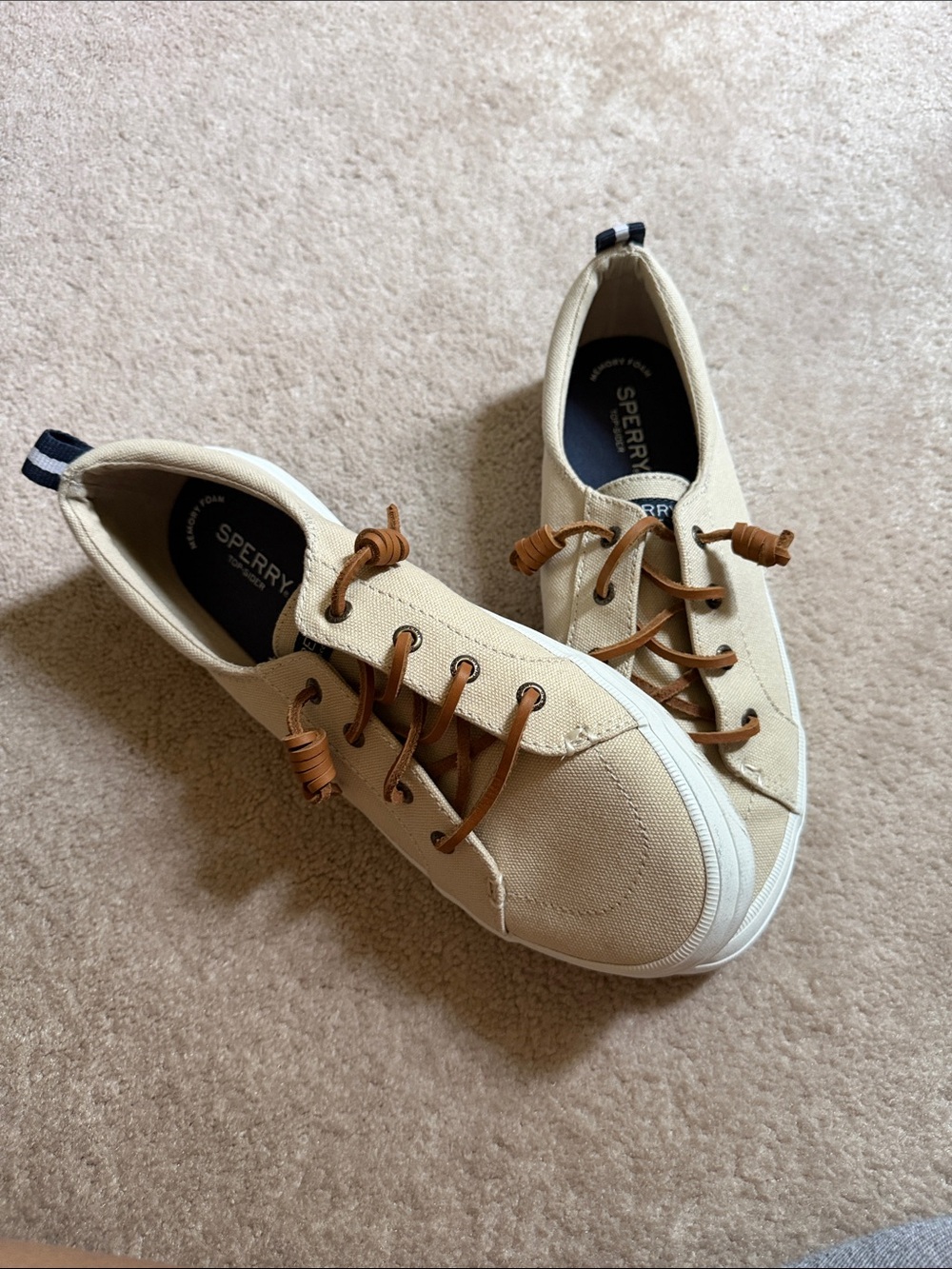 Sperry Beige Canvas Low-Top Sneakers with Brown Laces